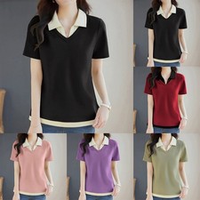 Camiseta pulóver suelta manga corta para mujer cuello solapa falsa de dos piezas