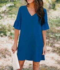 Vestido recto Belongsci para mujer pequeño medio volante manga cuello en V por encima de la rodilla NUEVO