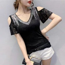 Moda Mujeres Encaje Camisetas Estrás Hombro Descubierto Prendas para el torso Sexy Camisas de Fiesta
