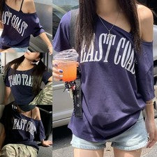 Moda Vintage Mujer Camiseta Sin Hombros Manga Corta para Verano