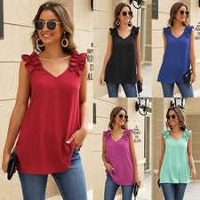 Verano Nueva Moda Para Mujer Camisa Ajustada con Volantes Cuello en V Sin Mangas Color Sólido