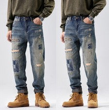 Pantalones de mezclilla rectos clásicos para hombre desgastados moda retro informales rasgados