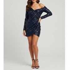 Vestido de fiesta de lentejuelas para mujer pequeño azul marino fuera del hombro ceñido al cuerpo cóctel mini