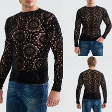 Camiseta de moda para hombre manga larga diseño hueco de malla para fiestas de club