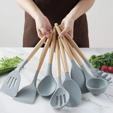 Juego de utensilios de cocina de silicona, juego de espátulas de 12 asas de madera, uten para cocinar