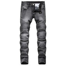 Pantalones de mezclilla elásticos de pierna recta rasgados informales para motociclista de motocicleta para hombre