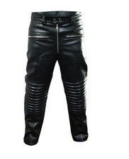 Pantalones de mezclilla acolchados de cuero negro real para hombre estilo motociclista