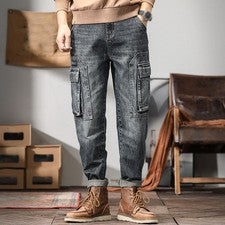 Mono suelto de mezclilla clásico para hombre Jeans Bolsillos Pantalones cargo Moda Retro Informal