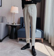 Pantalones de vestir informales de cintura alta con botones estilo británico de negocios formales para hombre