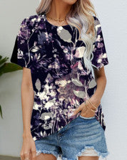 Blusa Camiseta Mujer Flor Púrpura Hojas Florales Moda Manga Corta Sedoso Suave
