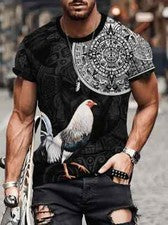 Camiseta Hombres Pollo Mexicano Azteca Impresión Gráfica Moda Manga Corta Camisa