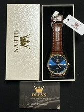 Reloj Hombre OLEVS Cara Azul, Correa Cuero Marrón, Día Fecha