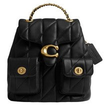 Mochila atigrada de cuero acolchada negra Coach para mujer herrajes de cadena dorada