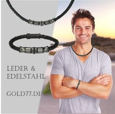 ECO Set Cadena Cuero + Pulsera Joyería Hombre Cierre Acero Inoxidable Look Grafit