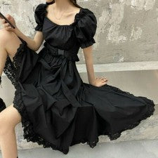 Vestido asimétrico con volantes gótico Lolita manga abullonada midi encaje negro moda para mujer