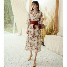 Vestido kimono japonés para mujer escote en V estampado de flores falda slim con cinturón