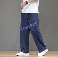 Pantalones rectos de lino de cintura alta estilo chino retro para hombre pantalones largos informales talla