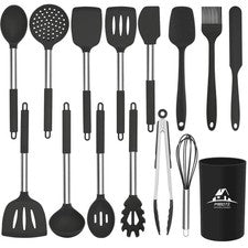Juego de utensilios de cocina de silicona para cocinar con resistente al calor libre de BPA e inoxidable