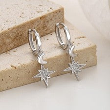 Pendientes mujer criollos con colgante estrella luna plata de ley 925 circonitas