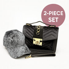 Conjunto de cartera y sombrero de terciopelo gris para mujer - Bolso bandolera acolchado + terciopelo aplastado suave