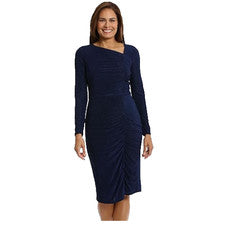 Vestido midi elástico texturizado escote asimétrico London Times para mujer, azul marino, 4