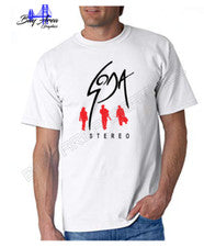 CAMISETA SODA ESTÉREO BLANCA Y NEGRA DISEÑO CLÁSICO ROJO/AMARILLO PREENCOGIDA 100% ALGODÓN