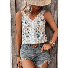 Para mujeres Top Verano Nuevo Moda Estampado Encaje Encaje Cuello en V Camiseta Chaleco Prenda para el torso