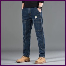 Pantalones de mezclilla con estampado de seis bolsillos pequeños de corte recto estilo para hombre informales cómodos