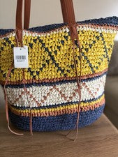 Bolso de Mano Estilo Bohemio Paja Multicolor Patrón Geométrico, Nuevo con Etiquetas