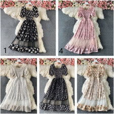 Tee Kleid Midi Blumen Chiffon Netz Kurzärmelig Rüschen Quadrat Hals Angepasst