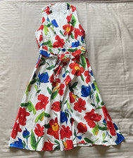 Nuevo con etiquetas Vestido para mujer London Times floral sin mangas talla 10 blanco rojo cinturón midi