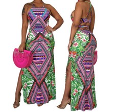 Sexy Hermoso Vestido Azteca Tropical Para Mujer Estampado Multicolor Trasero Llave Agujero