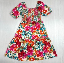 Moda Vestido Mujer L Floral Multicolor Midi Ahumado Manga Abullonada En Niveles