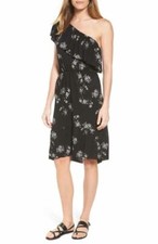 Nuevo Vestido Lucky Brand Negro Floral Para Mujer Talla XS Un Hombro Alto Bajo