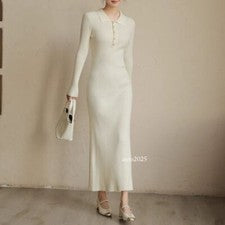 Moda Francesa Solapa Tejido Vestido Para Mujer Otoño Invierno Largo Ajustado Suéter Falda