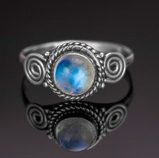 Anillo redondo piedra lunar plata de ley 925 damas joyería piedras preciosas regalo en caja