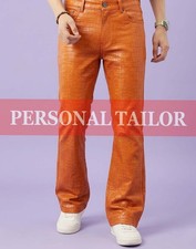 Pantalón de mezclilla de cuero de cocodrilo naranja de piel de cordero para hombre estilo corte bota 5 bolsillos