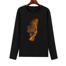 Nueva Camiseta Larga Mujer Lujo Tigre Estrás Moda Negra Alta Calidad