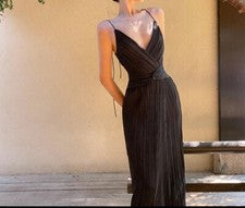 NUEVO Vestido Xiaoli Para Mujer Texturizado Plisado Correa de Espagueti Negro Talla X-Pequeño