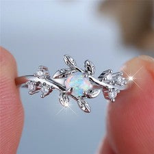 Anillo de plata esterlina 925 blanco ópalo de fuego hoja redonda anillo regalo alianza de boda