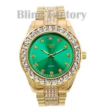 Hombres Hip Hop Helado Bling Oro PT Esfera Verde GRAN Laboratorio Diamante Metal Banda Reloj