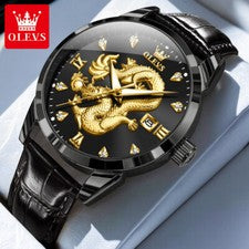 Reloj pulsera OLEVS resistente al agua 3D oro dragón cuarzo para hombre fecha