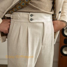 Hombres Estilo Británico Pana Grueso Cintura Alta Pierna Recta Pantalones Informales Pantalones