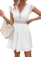 Vestidos perforados para mujer 2025 Dulce vestido de verano de encaje con cuello en V un6405