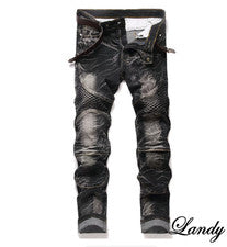 Pantalones de mezclilla largos de motociclista plisados para hombre calce ajustado