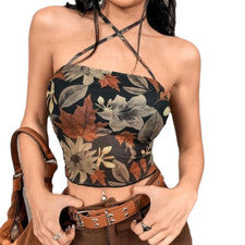 Sexy Top Para Mujer Camiseta sin Mangas Colgante Cuello Cordones Estilo Retro Flor Calce Corto