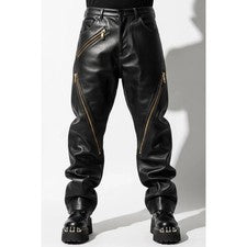 Pantalón negro de cuero suave de vaca real para hombre - Pantalón estilo balancín con cierre de cremallera frontal