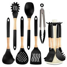 Juego de utensilios de cocina de silicona de 7 piezas con soporte mango de madera negro Max