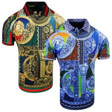 Camiseta polo para hombre italiana de lujo dorada león paneles florales calce ajustado elástica