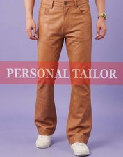 Pantalón de mezclilla de cuero de cordero camel genuino para hombre estilo bootcut pantalón 5 bolsillos